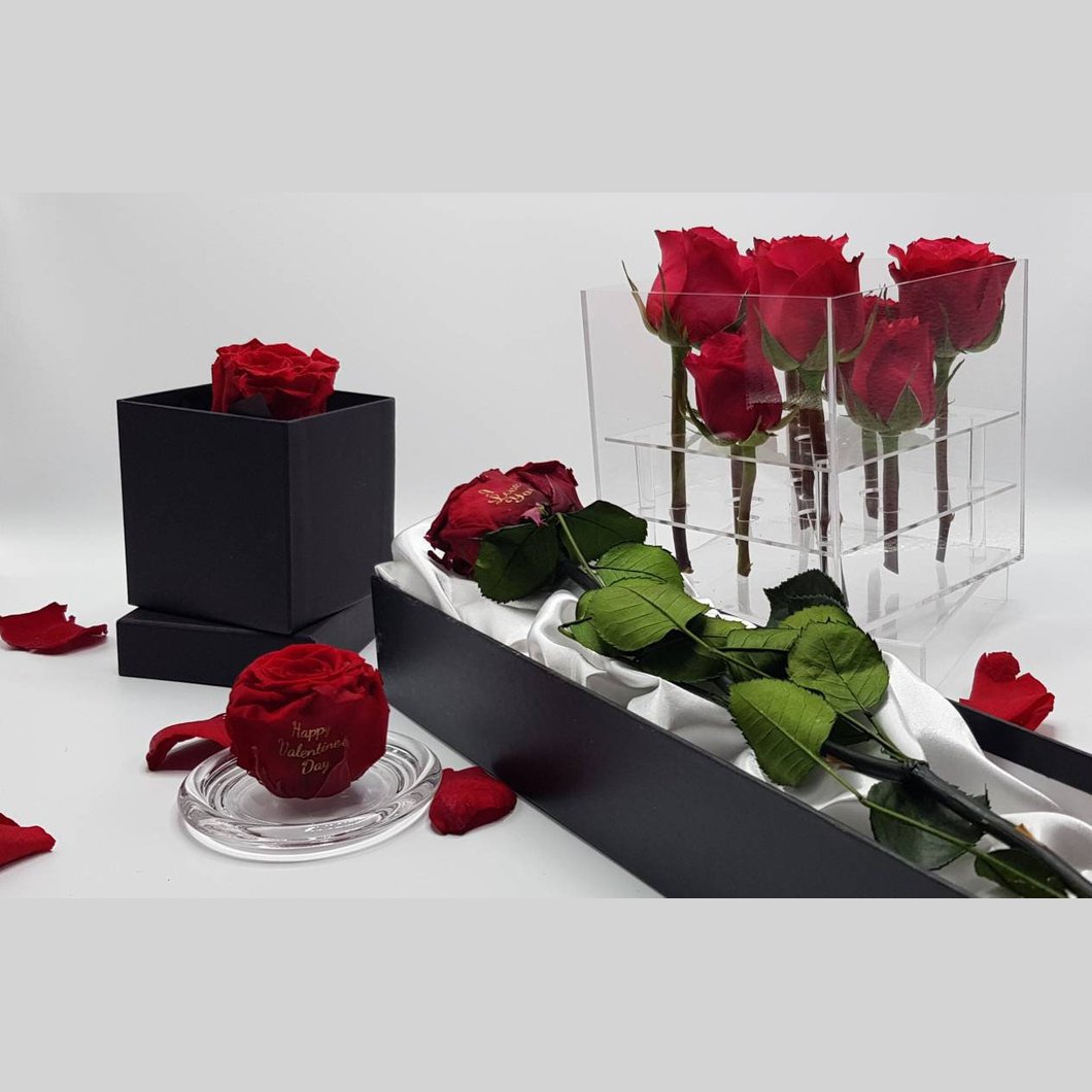 MBOS London Preserved Red Rose Printed With Happy Valentines Day In a Glass Dome