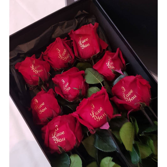 MBOS London 9 Red Preserved Roses Printed With 'I Love You' Gift