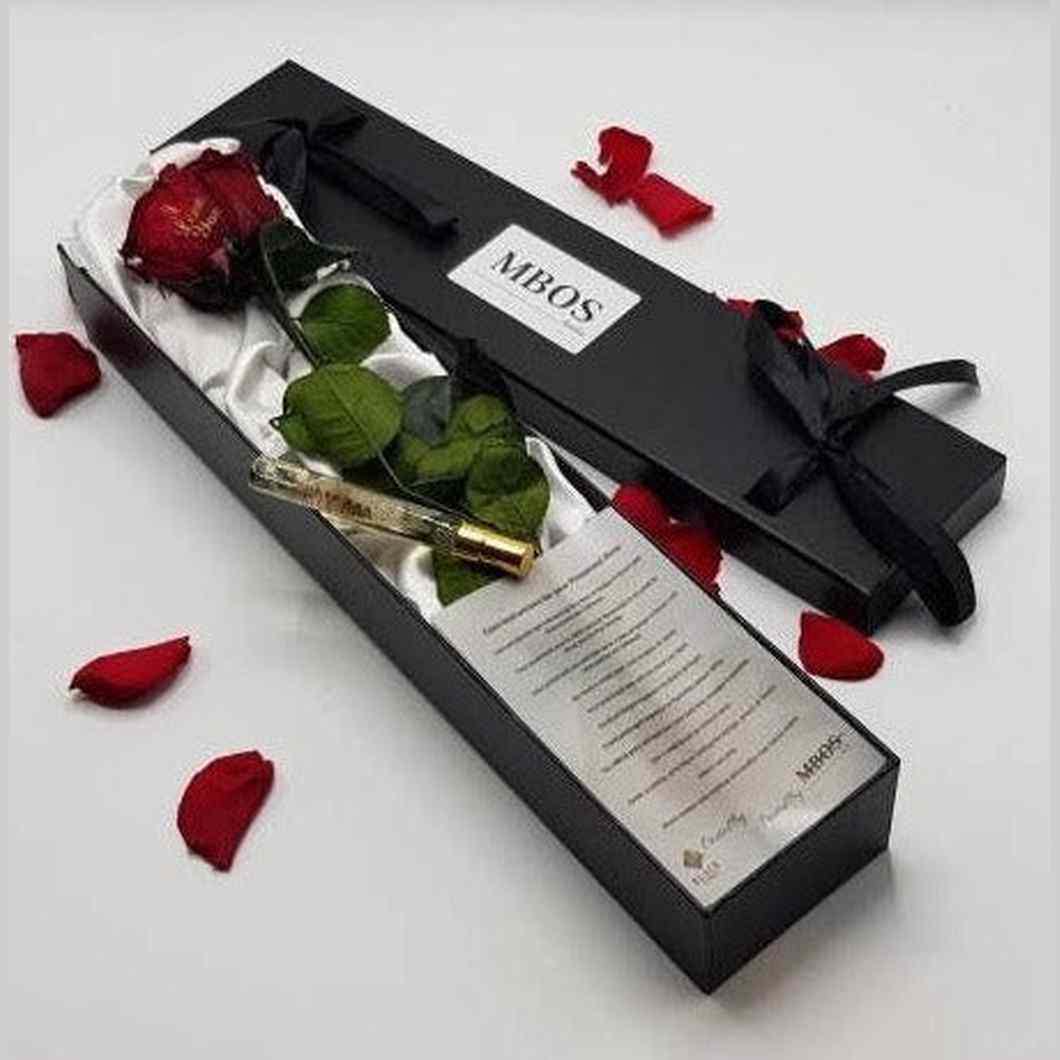 MBOS London Rose Gift set - Single Stem Preserved Red Rose and Perfume Gift Set