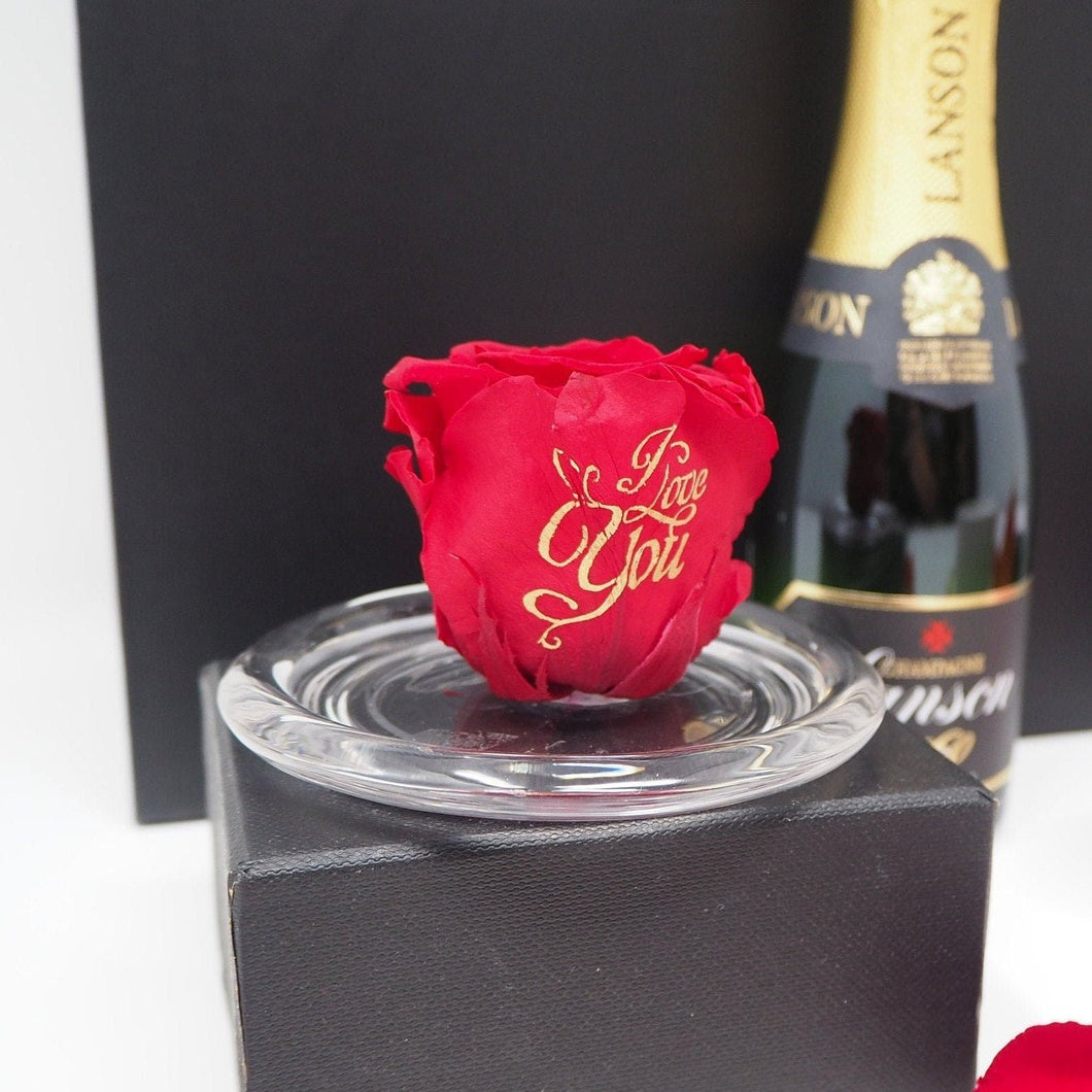 MBOS London Preserved Rose in Red Printed With 'I Love You' in a Glass Dome