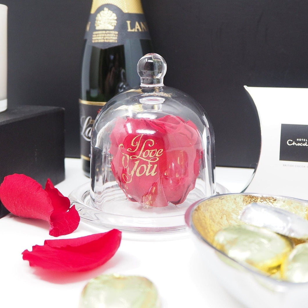 MBOS London Preserved Rose in Red Printed With 'I Love You' in a Glass Dome